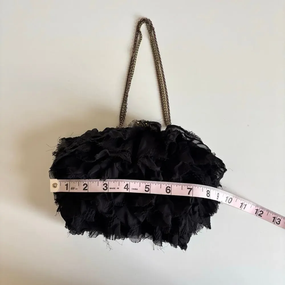 Betsey Johnson Black Ruffled Tulle Multi Chain Strap Clutch Bag Snap Closure
